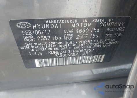 2017 Hyundai Sonata Hybrid Se from USA, damaged, VIN KMHE24L34HA062239